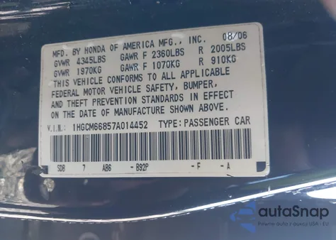 2007 Honda Accord 3.0 Ex from USA, damaged, VIN 1HGCM66857A014452